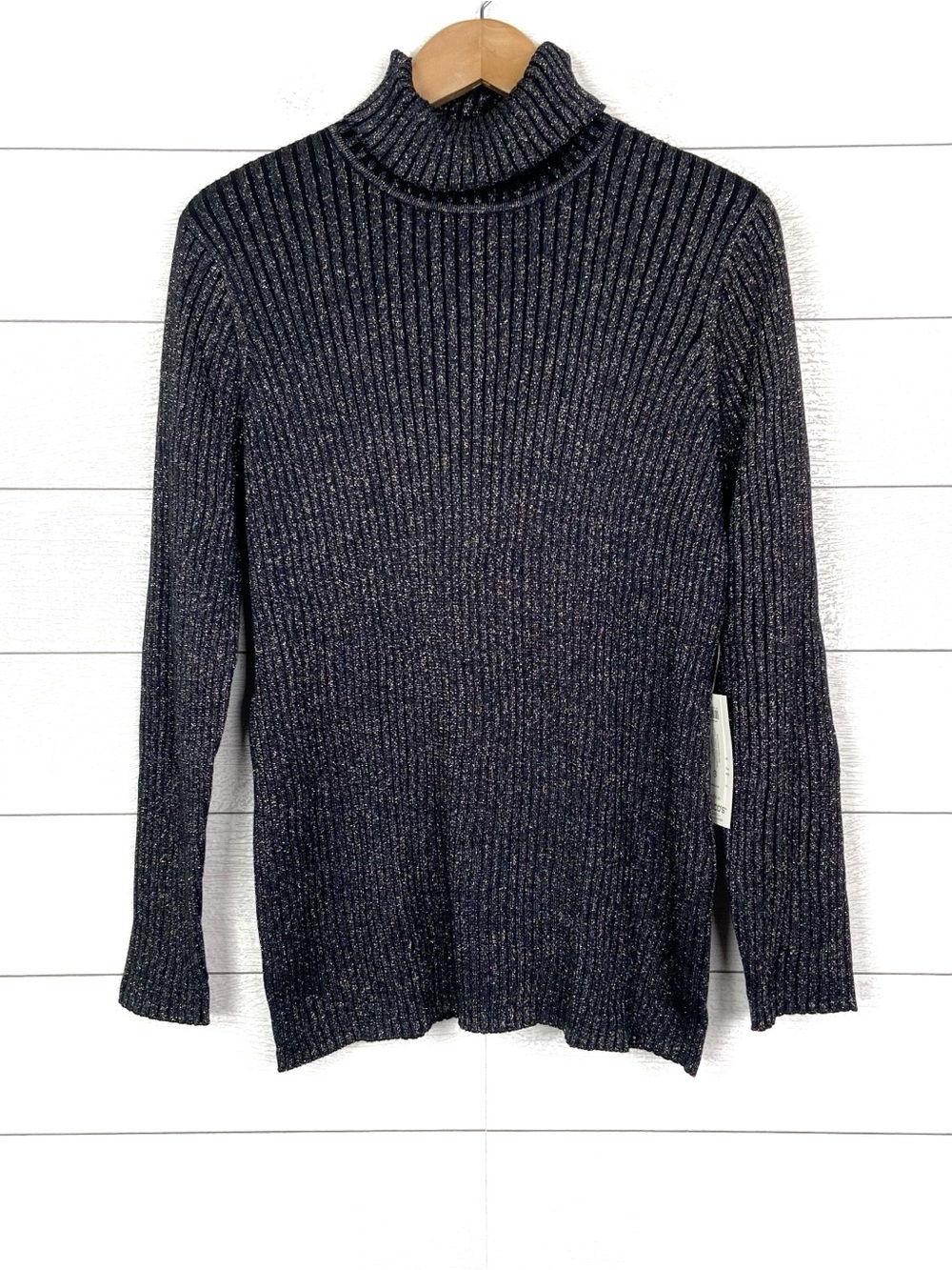 NWT CHICOS Lurex Ribbed Coolmax Turtleneck Sweater Metallic 3 XL Navy New